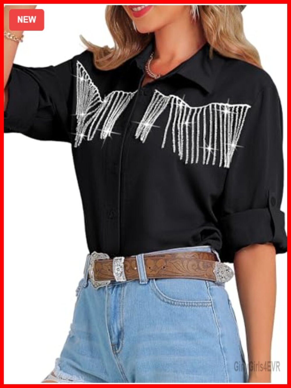 Western Cowgirl Shirt Rolled 3/4 Sleeve Beaded Fringe Country Concert Top